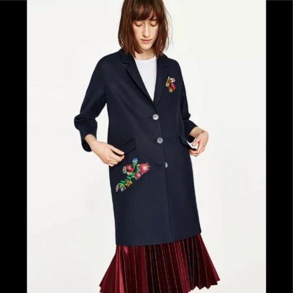Zara Jackets & Blazers - ZARA Embroidered Patch Navy Blue Mid Length Coat